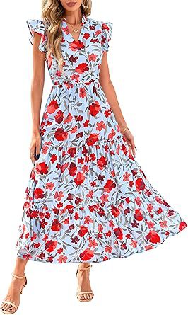 Floral V Neck Flutter Sleeve A Line Midi Dress