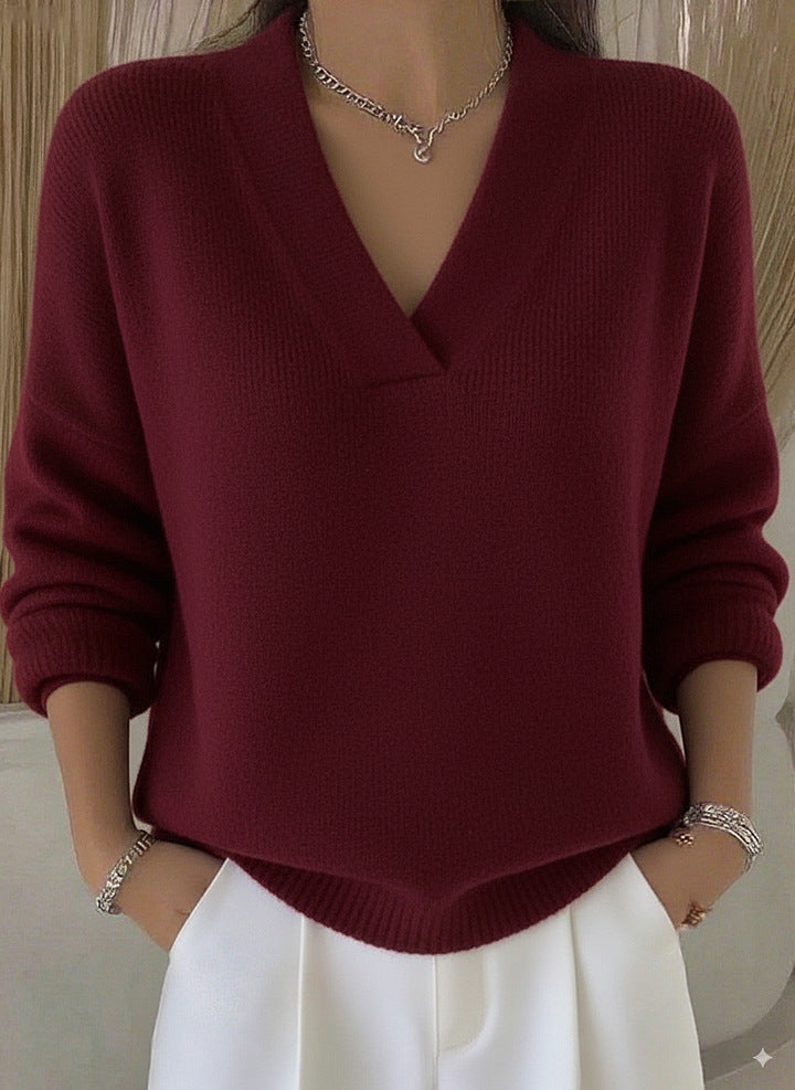 Women’s V Neck Knit Sweater Long Sleeve Loose Pullover Top