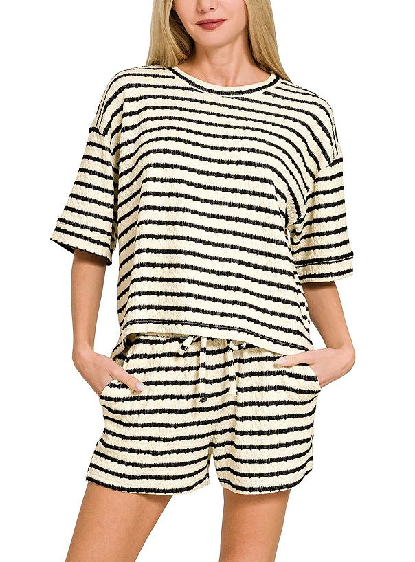 Striped Cotton Shorts Set Boutique Textured Knit Loungewear