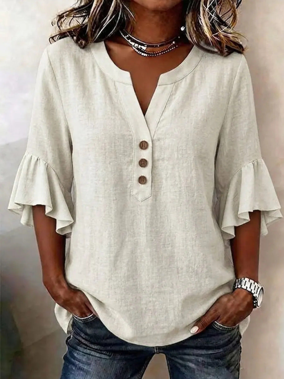 Cotton Linen Blouse Split Neck Three Quarter Bell Sleeves