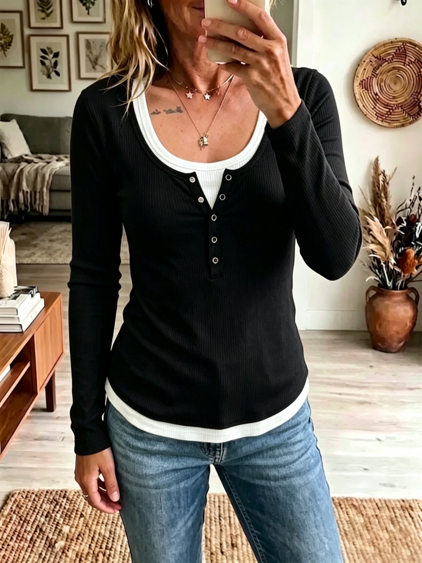 Ribbed Henley Top Layered Look Long Sleeve