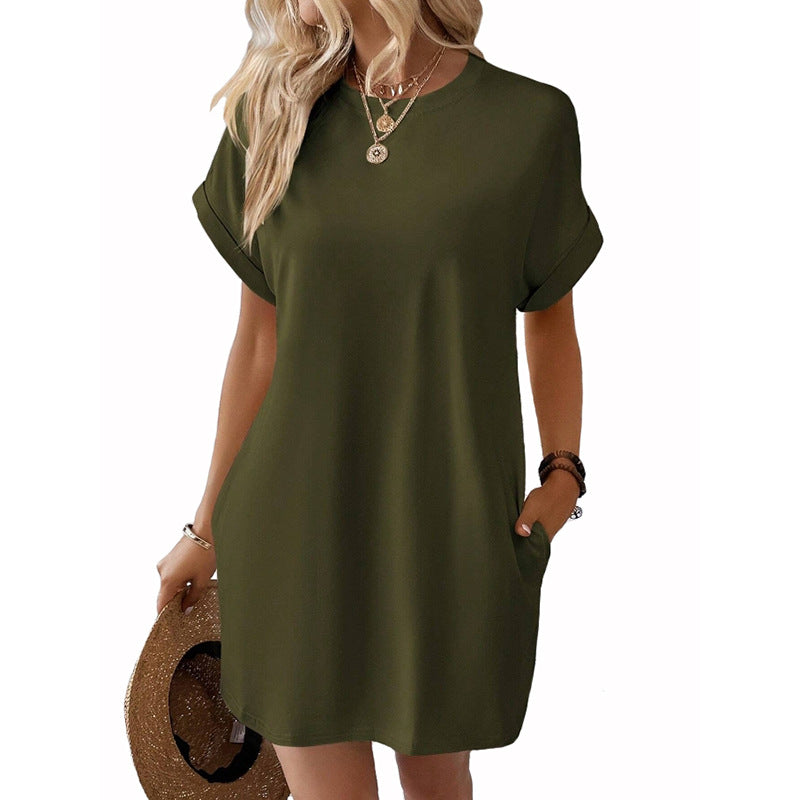 Oversized Crew Neck Casual T Shirt Dress With Pockets