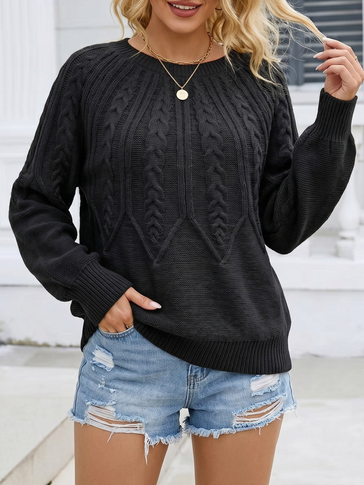 Women's Soft Cable Knit Crew Neck Pullover Sweater