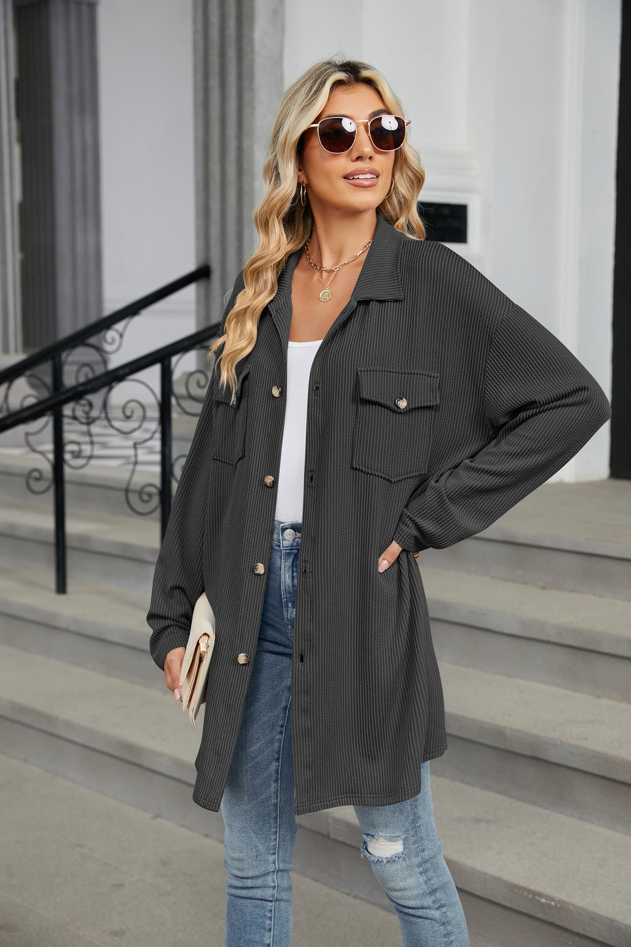 Solid Color Lapel Button Pocket Long Sleeve