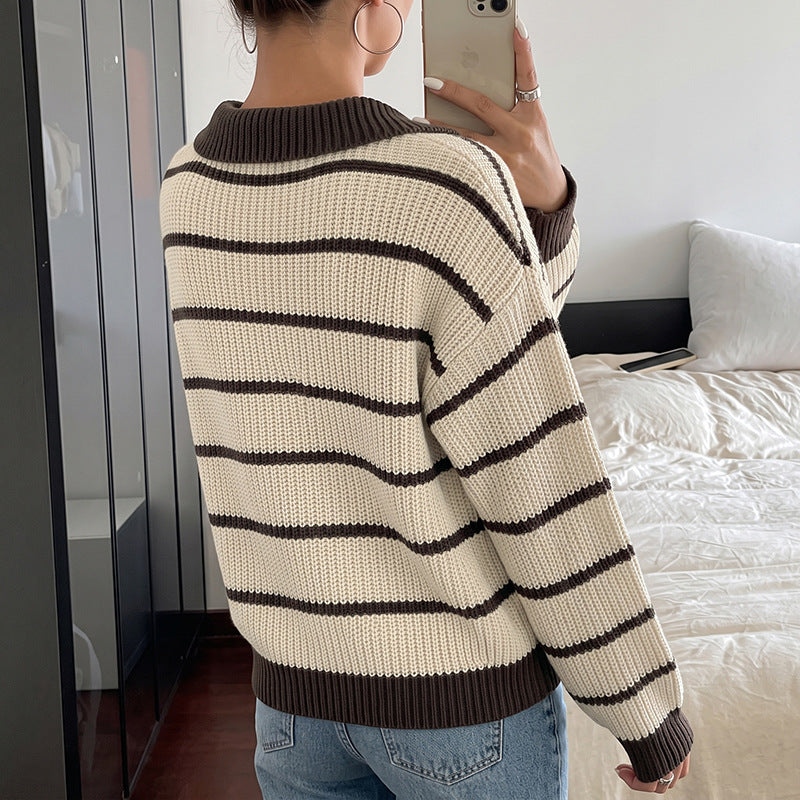 Striped Polo Knit Sweater Relaxed Fit Long Sleeve Pullover
