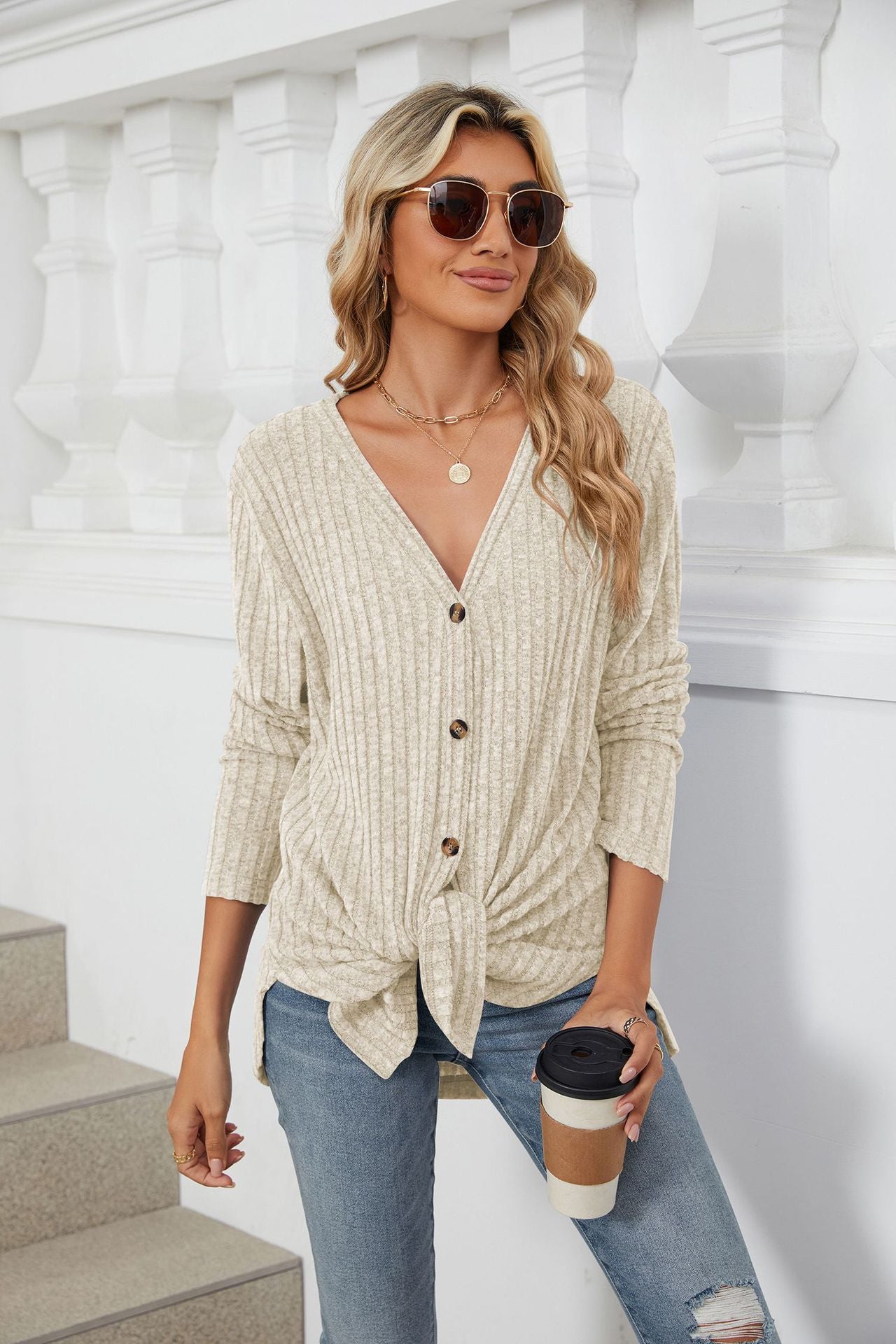 Solid Color Long Sleeve Button Cardigan Knitted