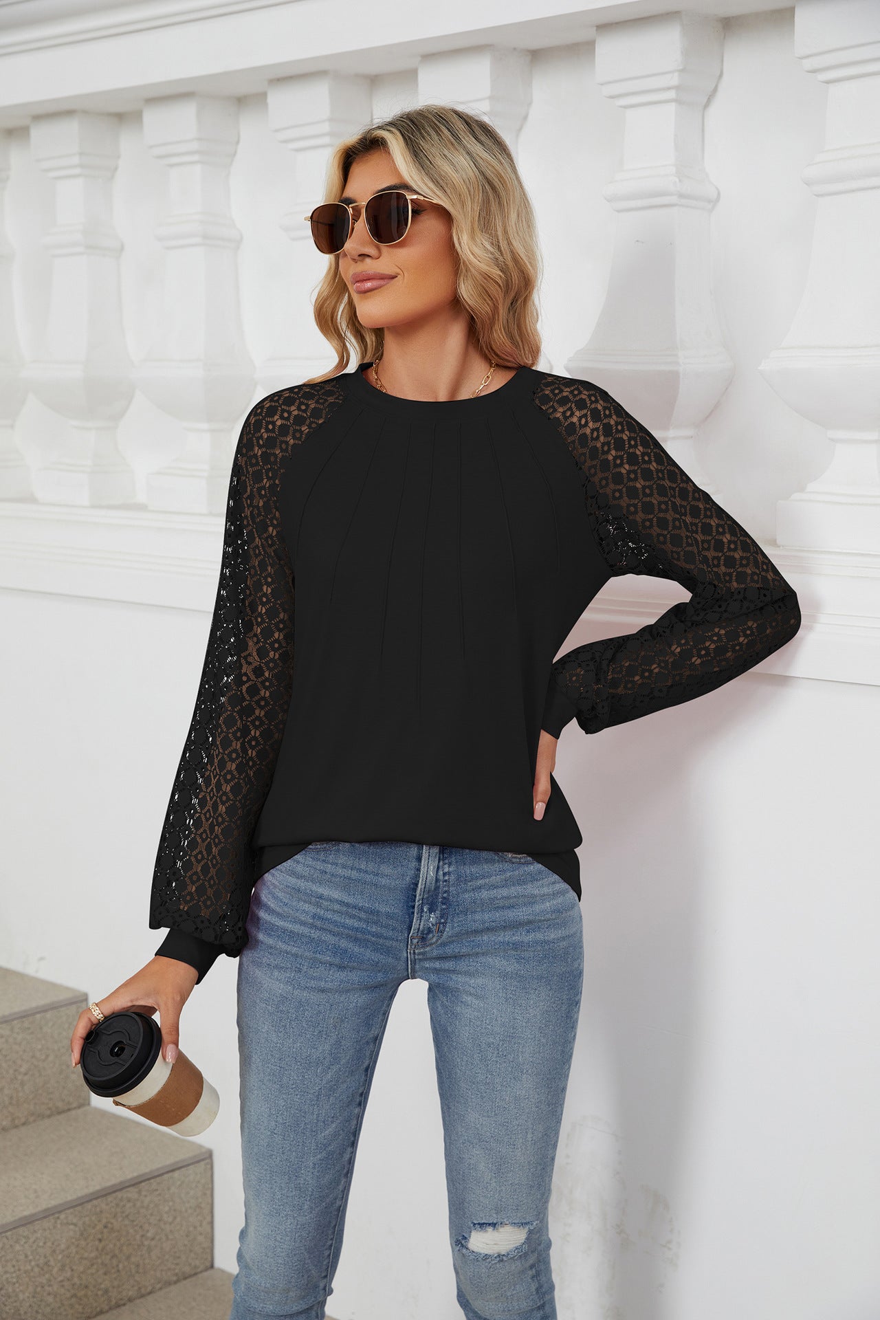 Lace Splicing Crew Neck Long Sleeve Loose T-Shirt