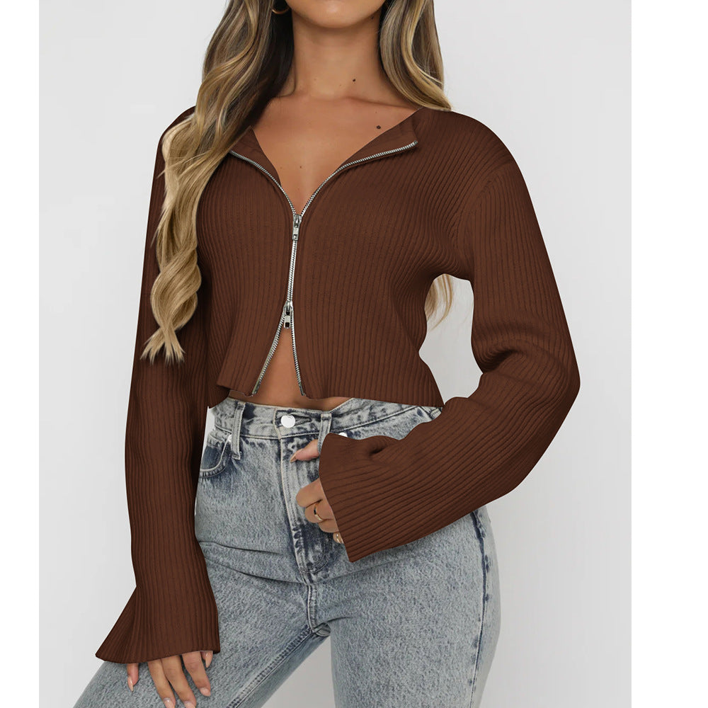 Trendy Zip-Up Cropped Knit Sweater for Women