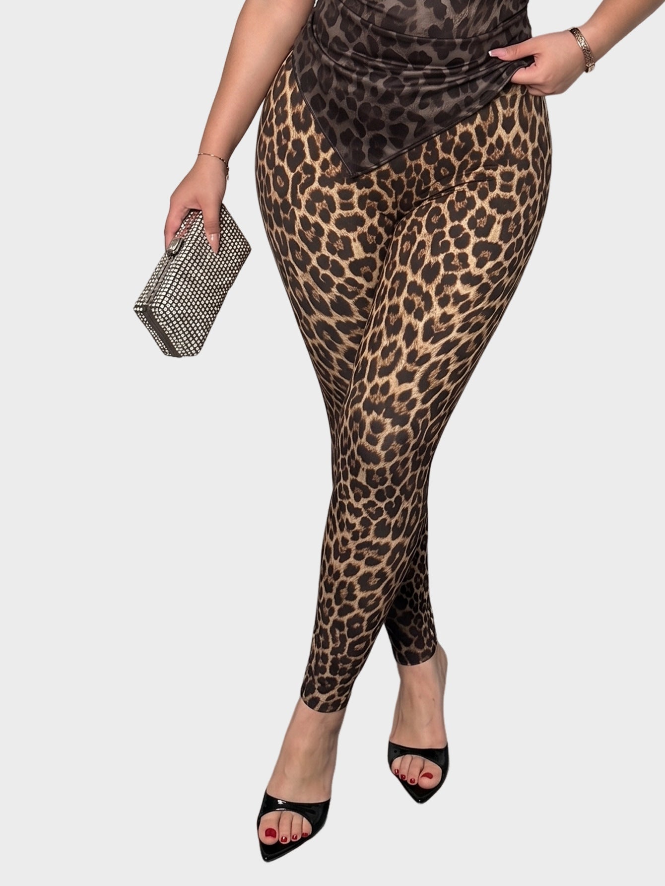 Leopard Print Faux Leather Leggings High Waist Slim Fit