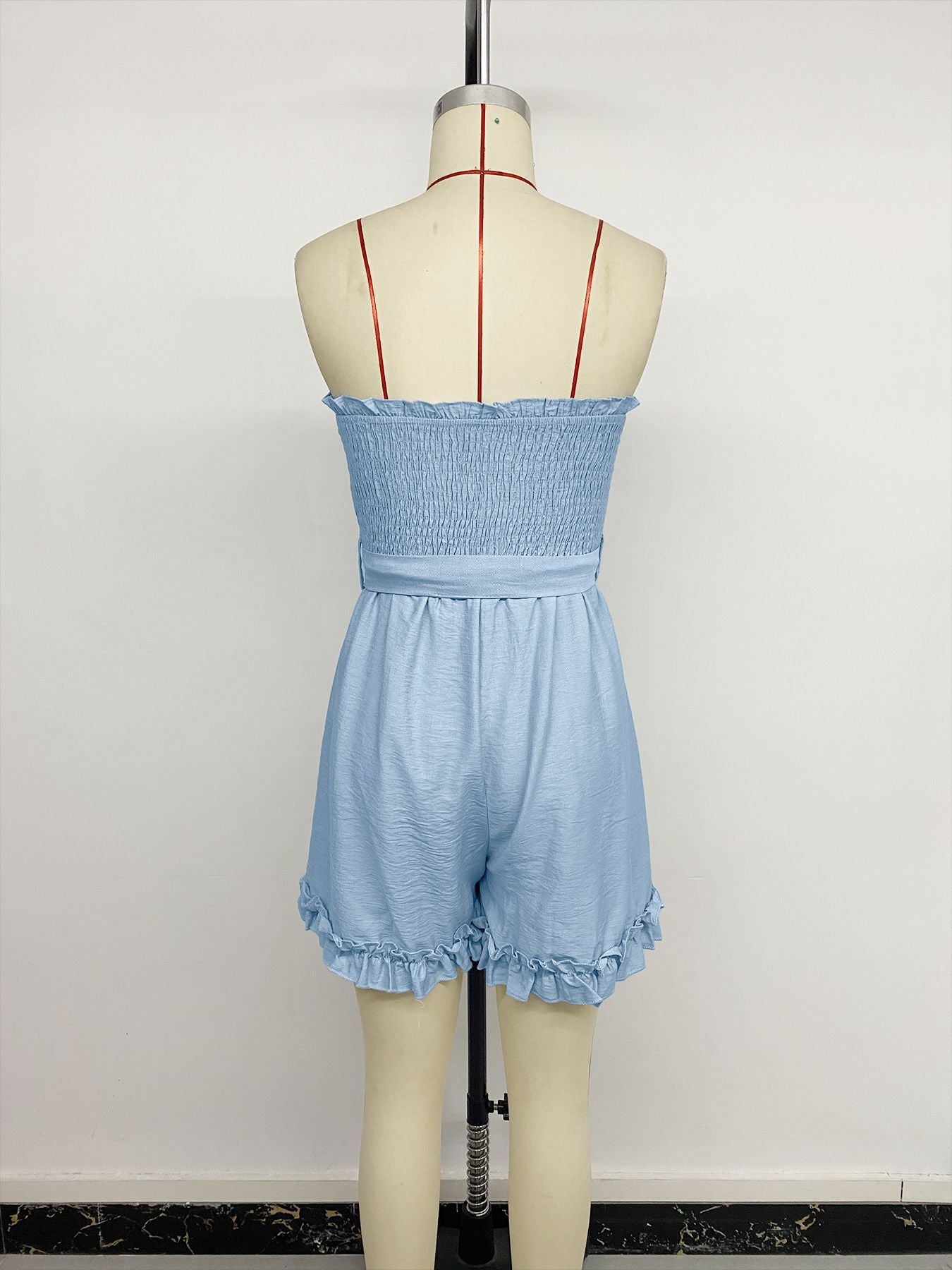 Strapless Smocked Ruffle Hem Summer Romper with Belt