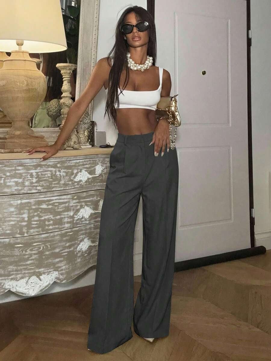 Solid High Waisted Wide Leg Dress Pants Business Work Trousers