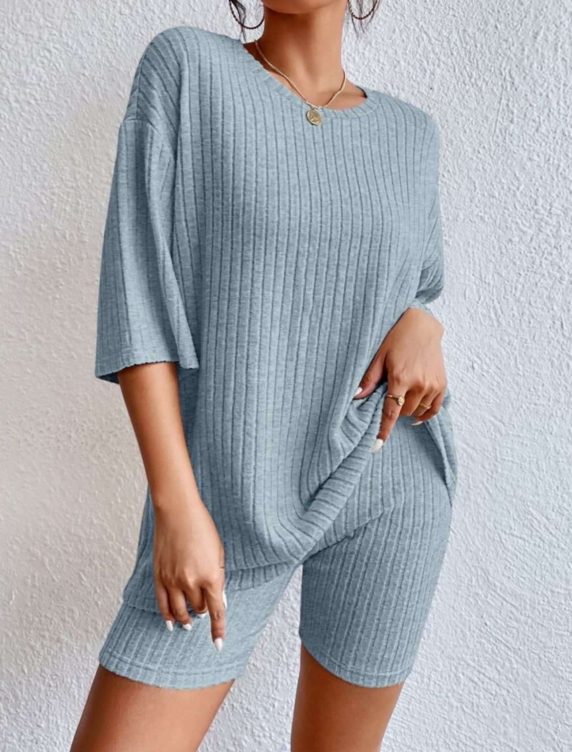 Ribbed Knit Two Piece Set Oversized Top & Biker Shorts
