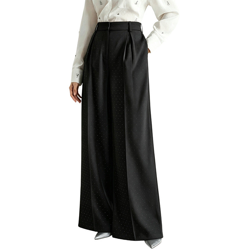 Rhinestone High Waist Pleated Wide Leg Dress Pants