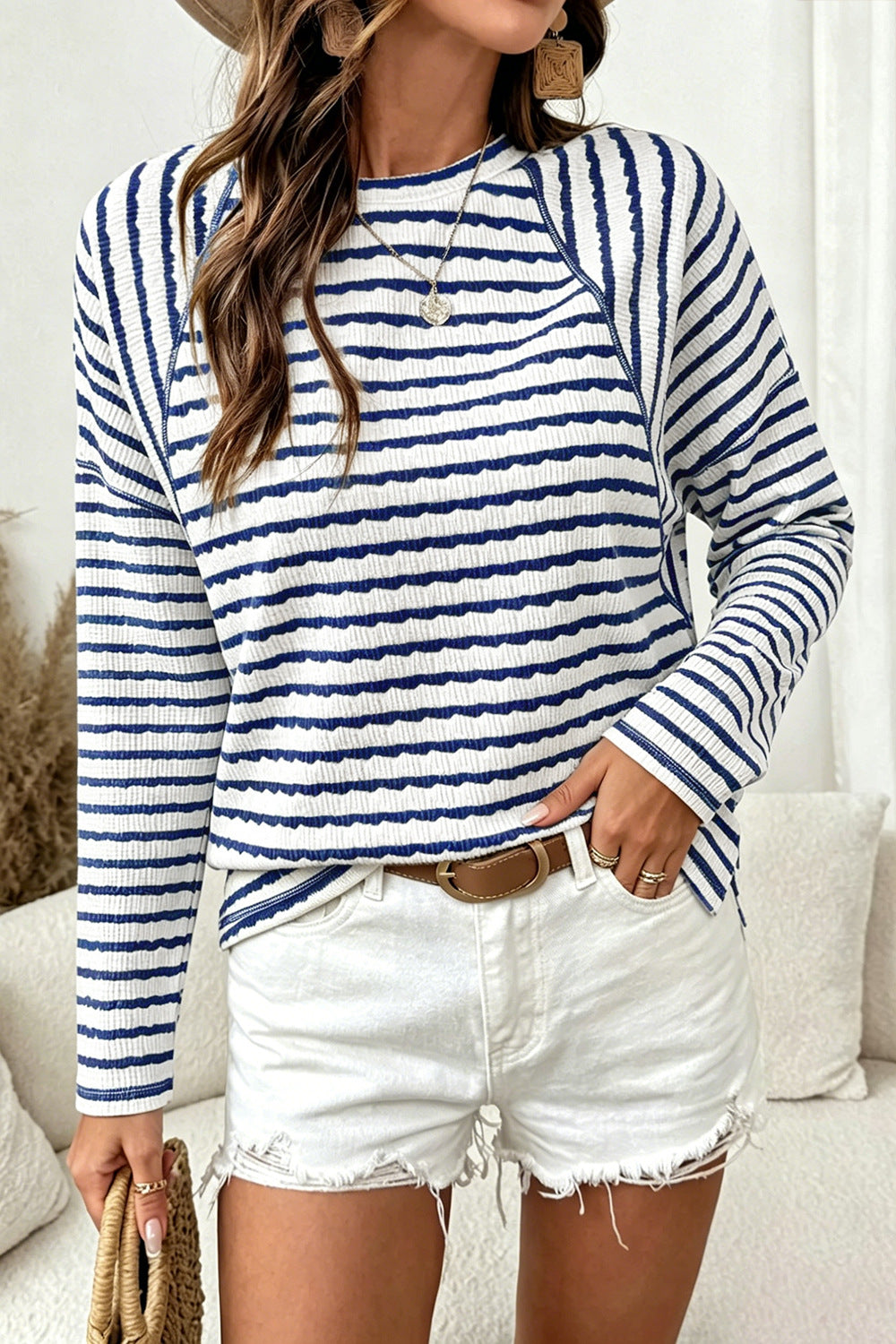 Top Casual Textured Striped Long Sleeve Pullover Knit