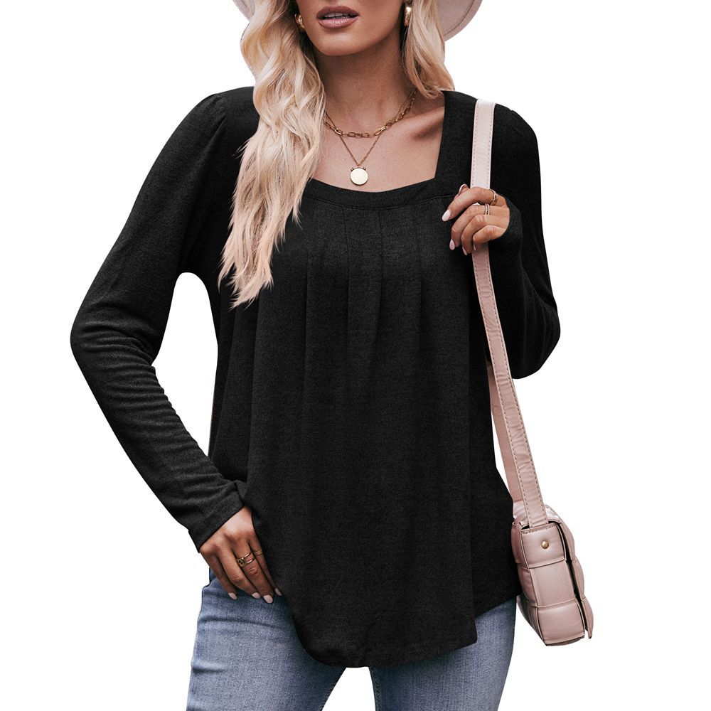 Square Neck Pleated Long Sleeve Casual Knit Top