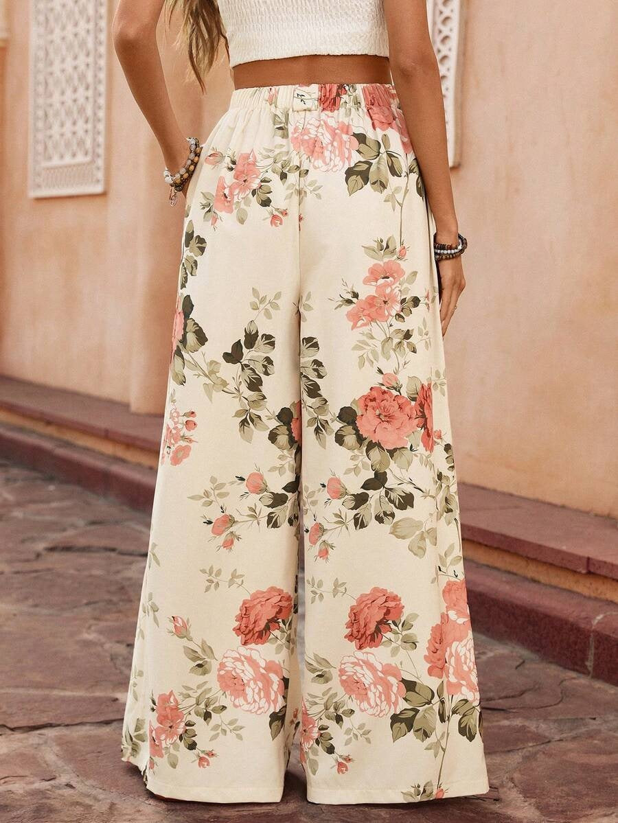High Waisted Floral Wide Leg Palazzo Pants with Pockets