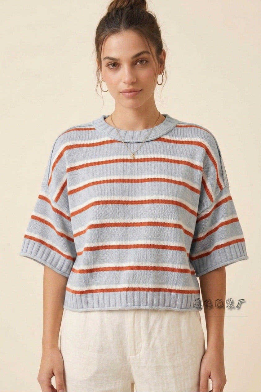 Women's Oversized Striped Short Sleeve Crewneck Sweater