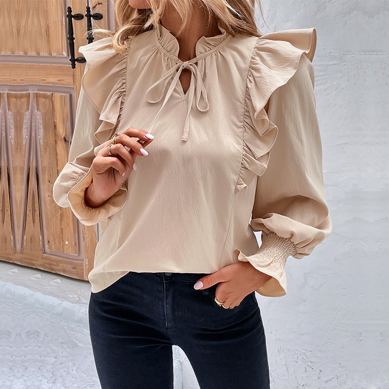 Ruffle Tie Neck Long Sleeve Blouse for Women