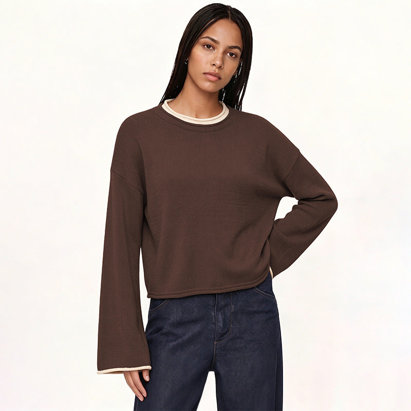 Women's Oversized Crewneck Contrast Trim Sweater