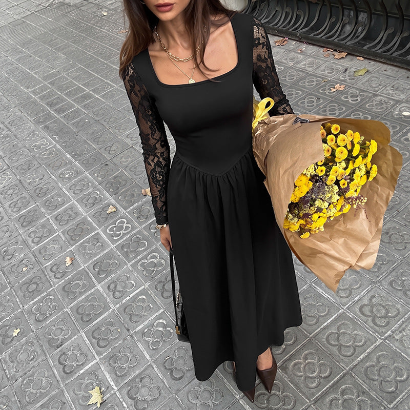 Square Neck Lace Sleeve Maxi Dress