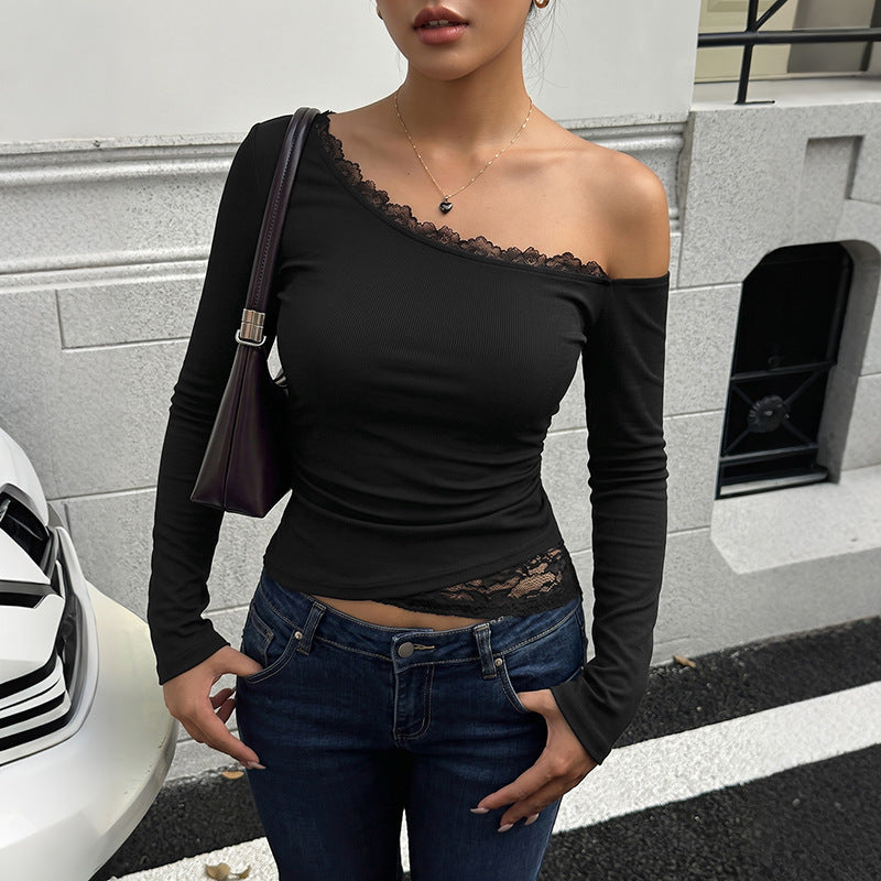 Sexy One Shoulder Lace Trim Fitted Long Sleeve Top