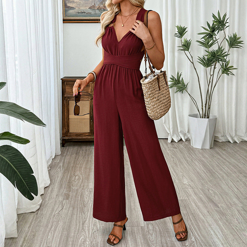 Backless Wide Leg Jumpsuit High Waist Summer Vacation Outfit