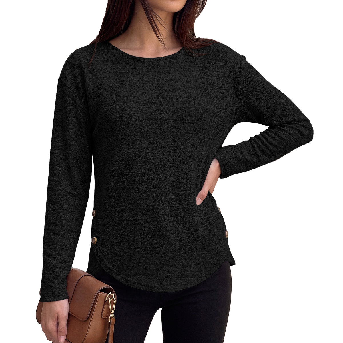 Women's Loose Long Sleeve Side Button Slit Tunic Top