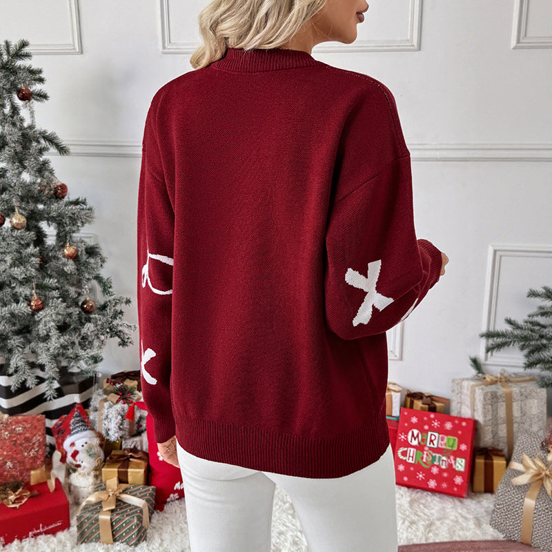 Red Bow Knit Christmas Sweater Round Neck Pullover