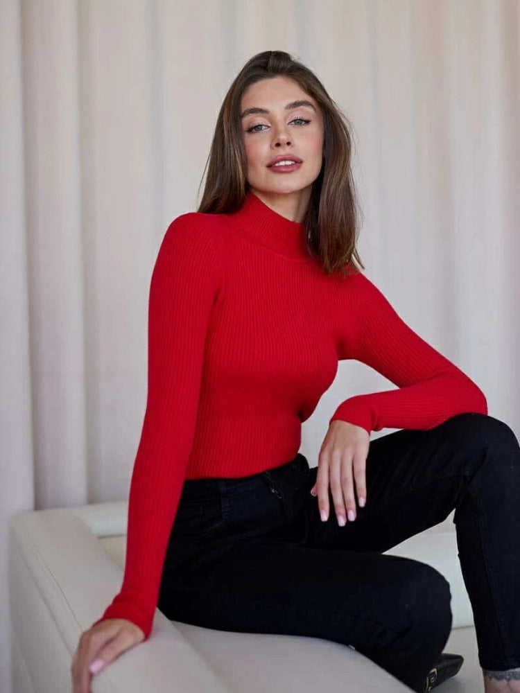 Ribbed Mock Neck Sweater Slim Fit Long Sleeve Knit Top