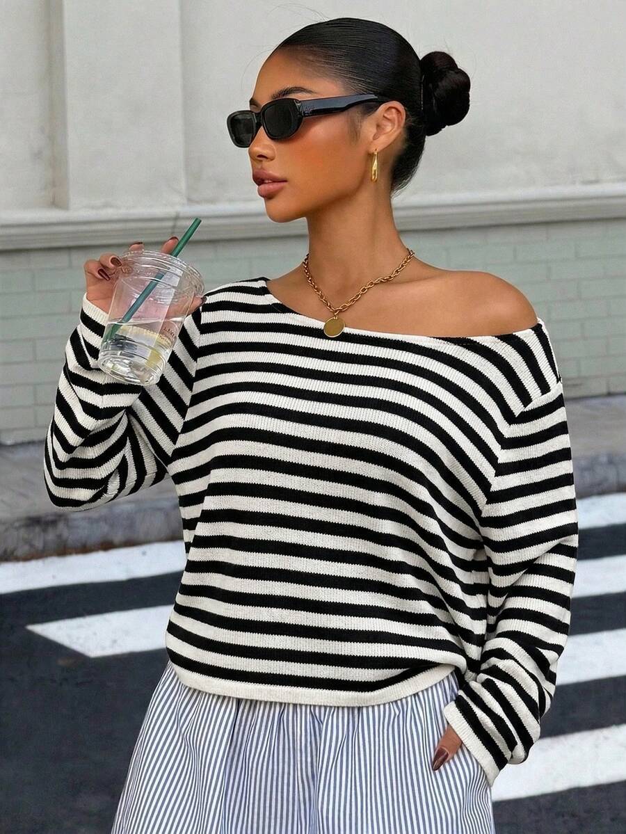 Striped Off Shoulder Long Sleeve Knit Top