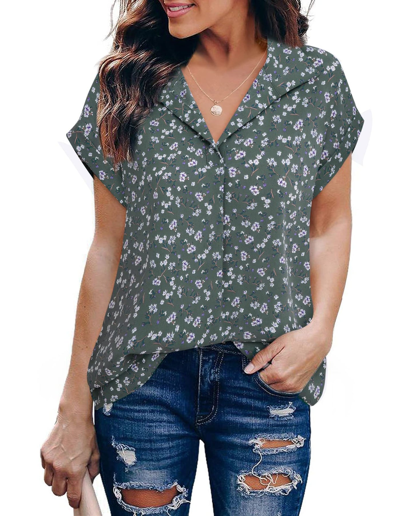 Spring Floral Print Collared Blouse Loose Fit Pullover Women’s Top