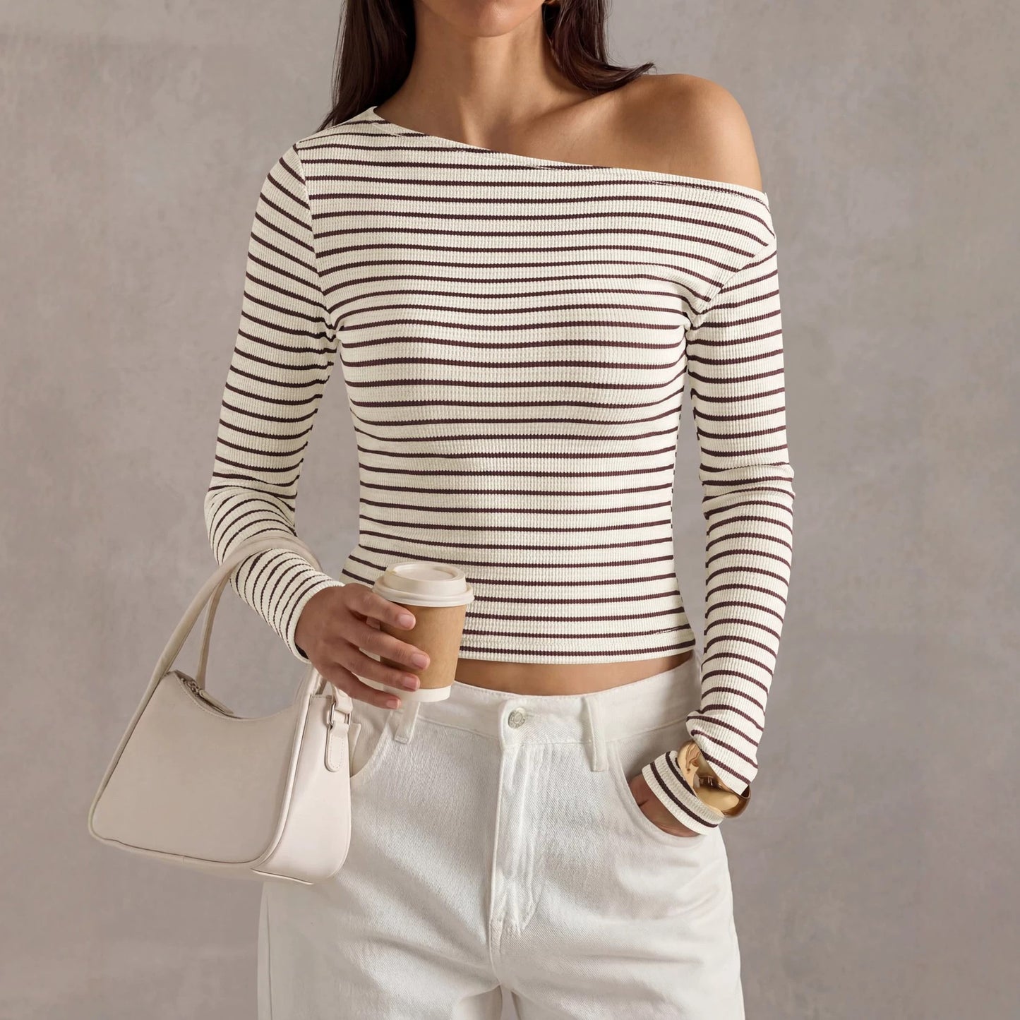 Ribbed Off Shoulder Striped Long Sleeve Knit Top