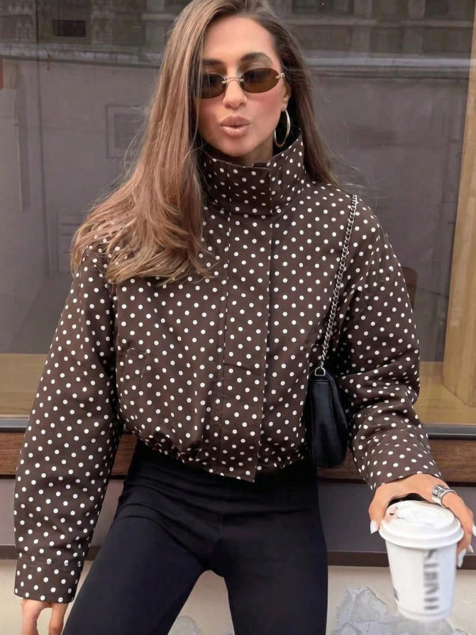 Polka Dot Woven Jacket Trendy Zip Up Stand Collar