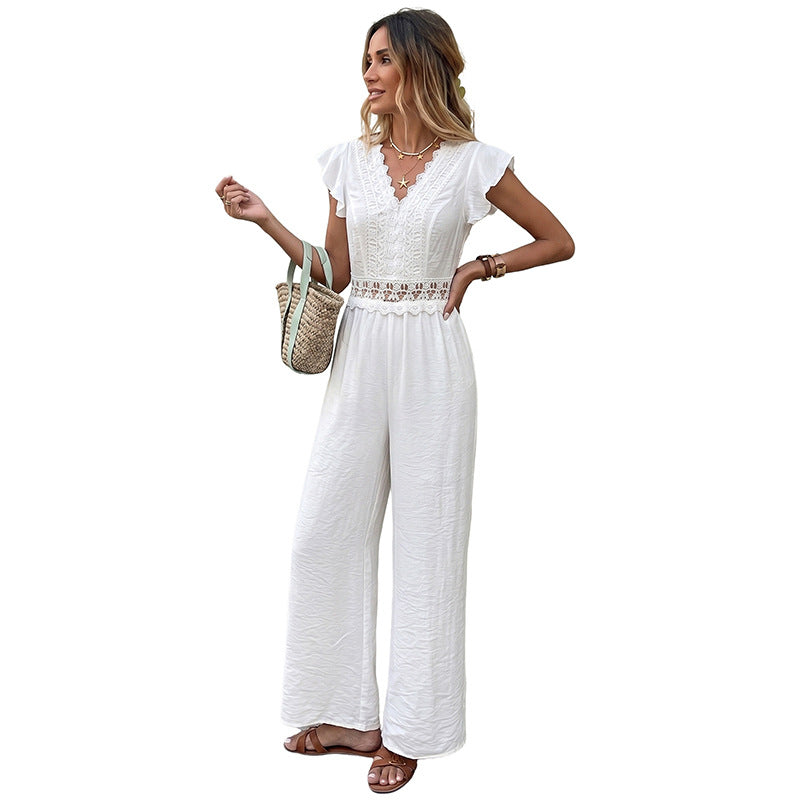 Off-White Lace Trim V Neck Jumpsuit Summer Casual Elegant Resort Outfit