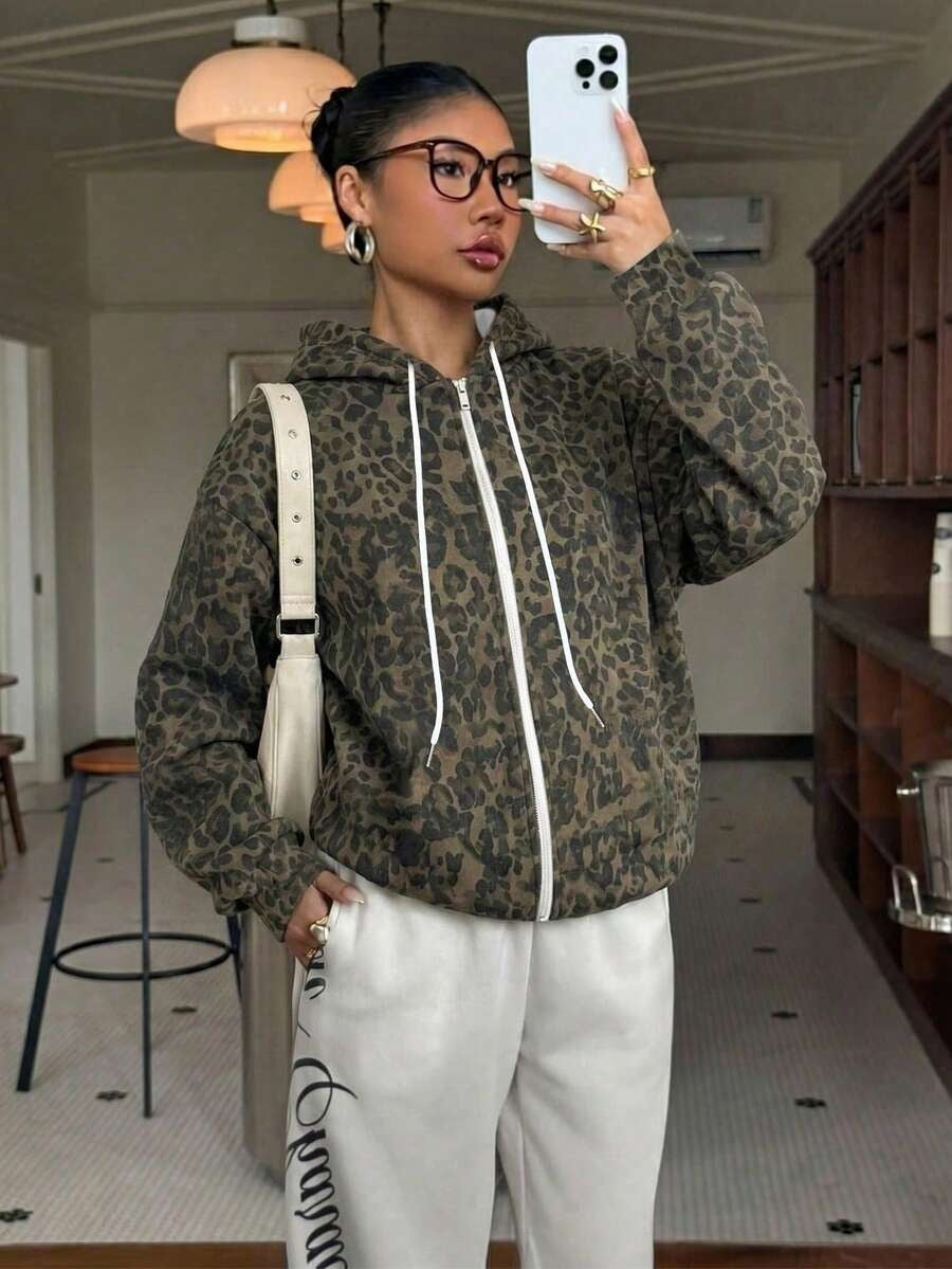 Women's Leopard Print Zip Up Fleece Hoodie Jacket