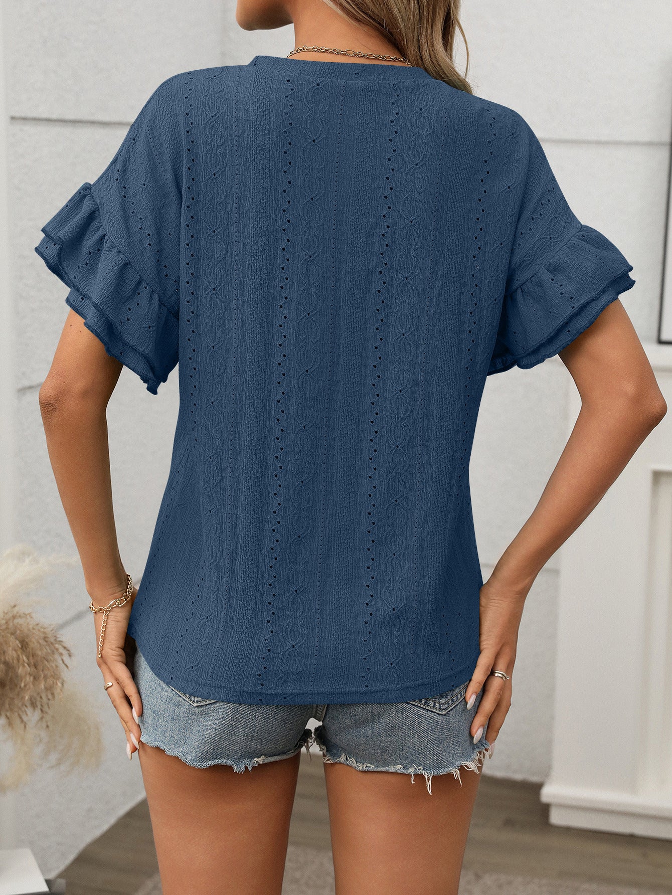 2025 summer solid color round neck lotus leaf sleeve short sleeve T-shirt top