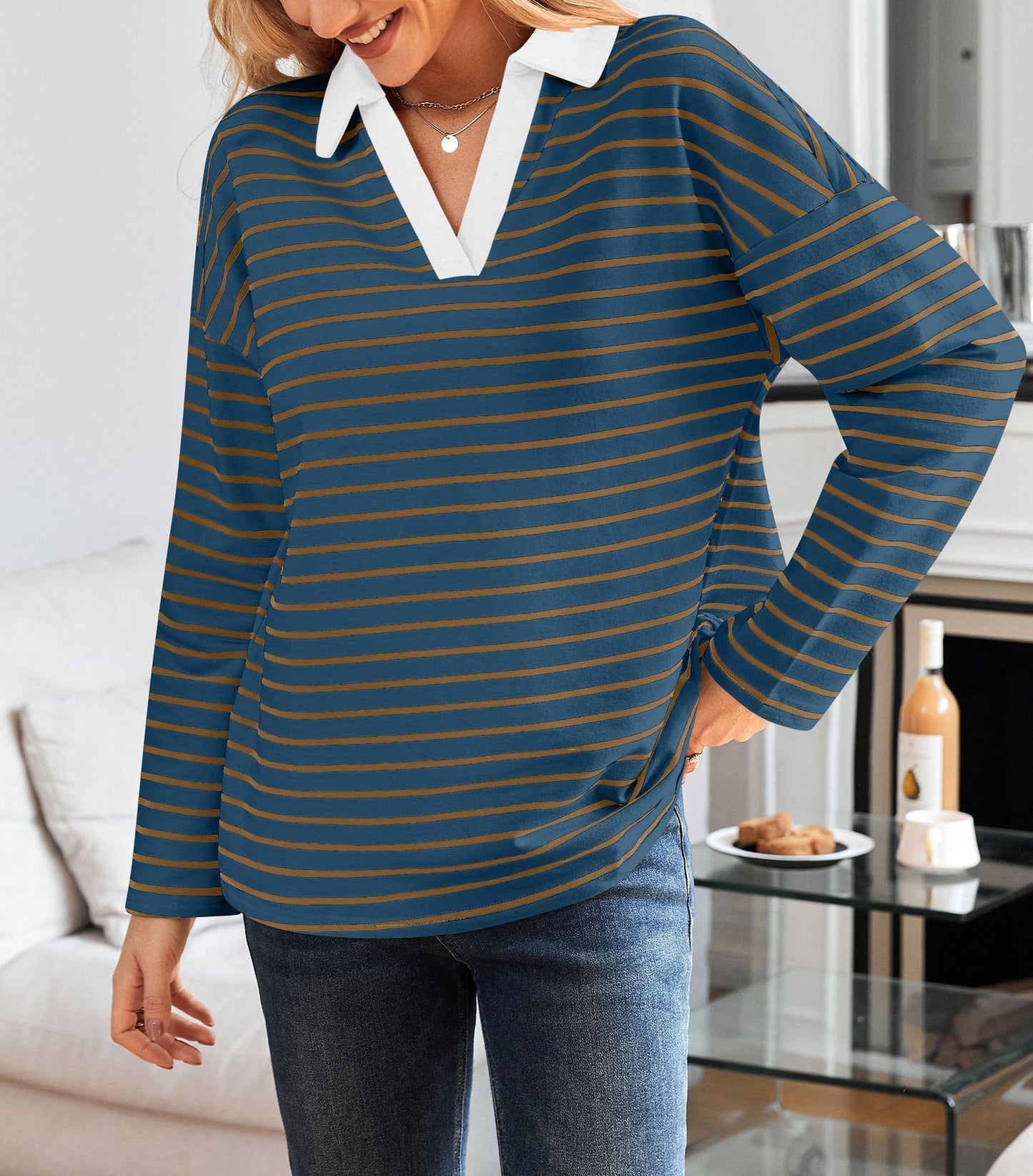 Striped V-neck Loose Sweatshirt Lapel Sweater
