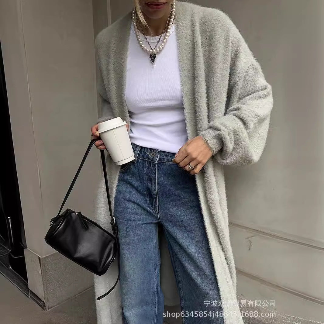 Long Cardigan Sweater with Belt, Fuzzy Open Front