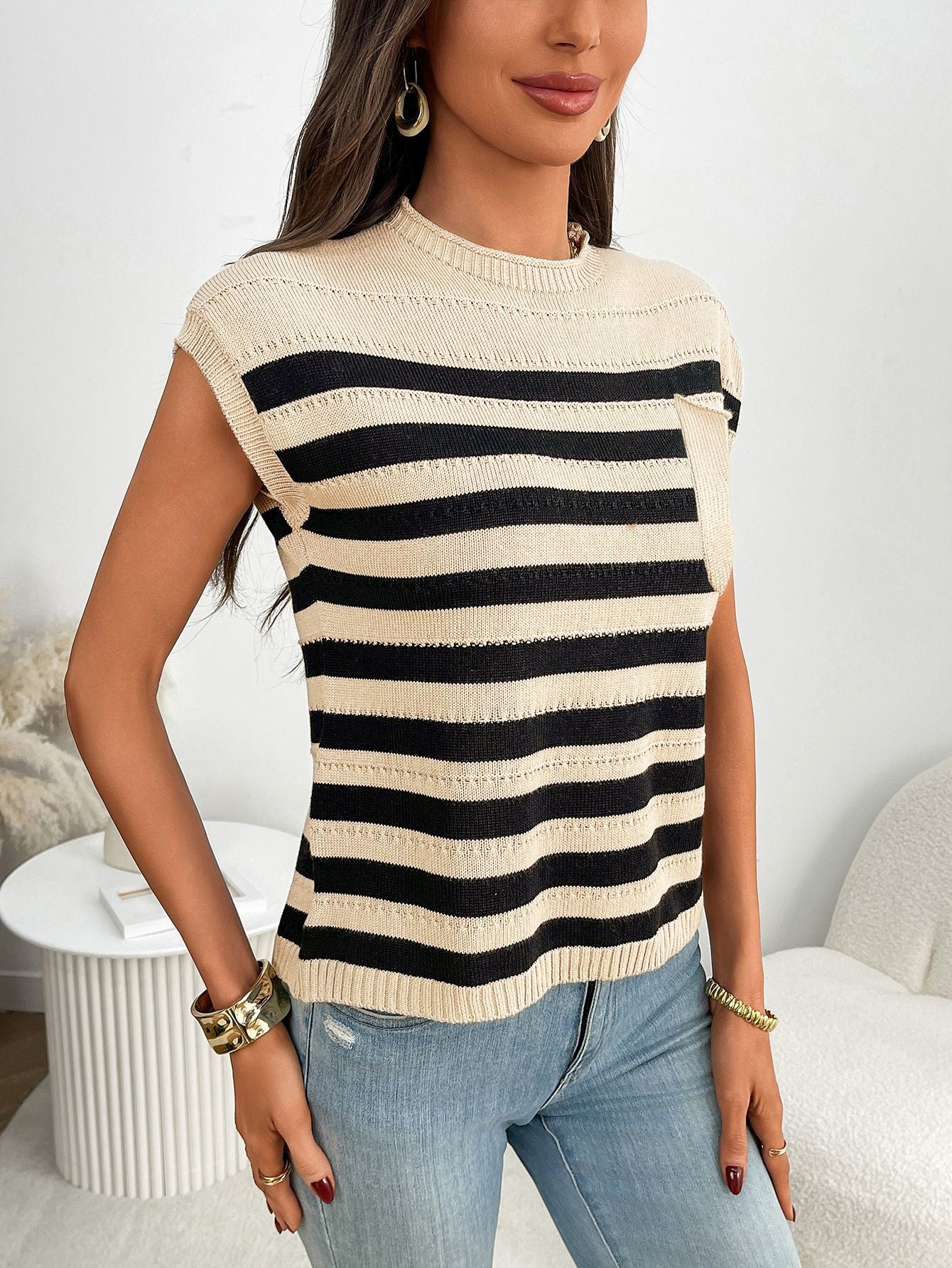 Women’s Striped Knit Top Sleeveless Sweater Casual Pullover