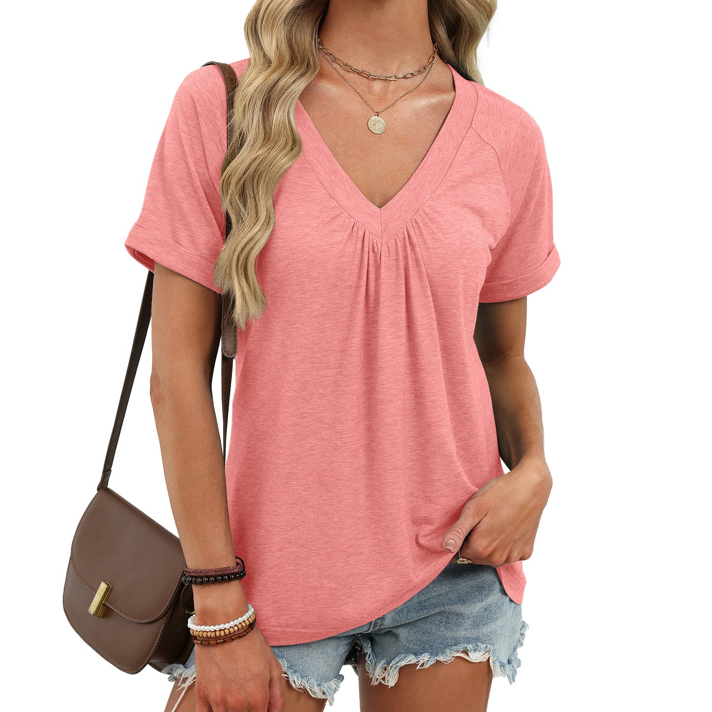 Women’s V Neck Pleated Short Sleeve Casual Blouse Top