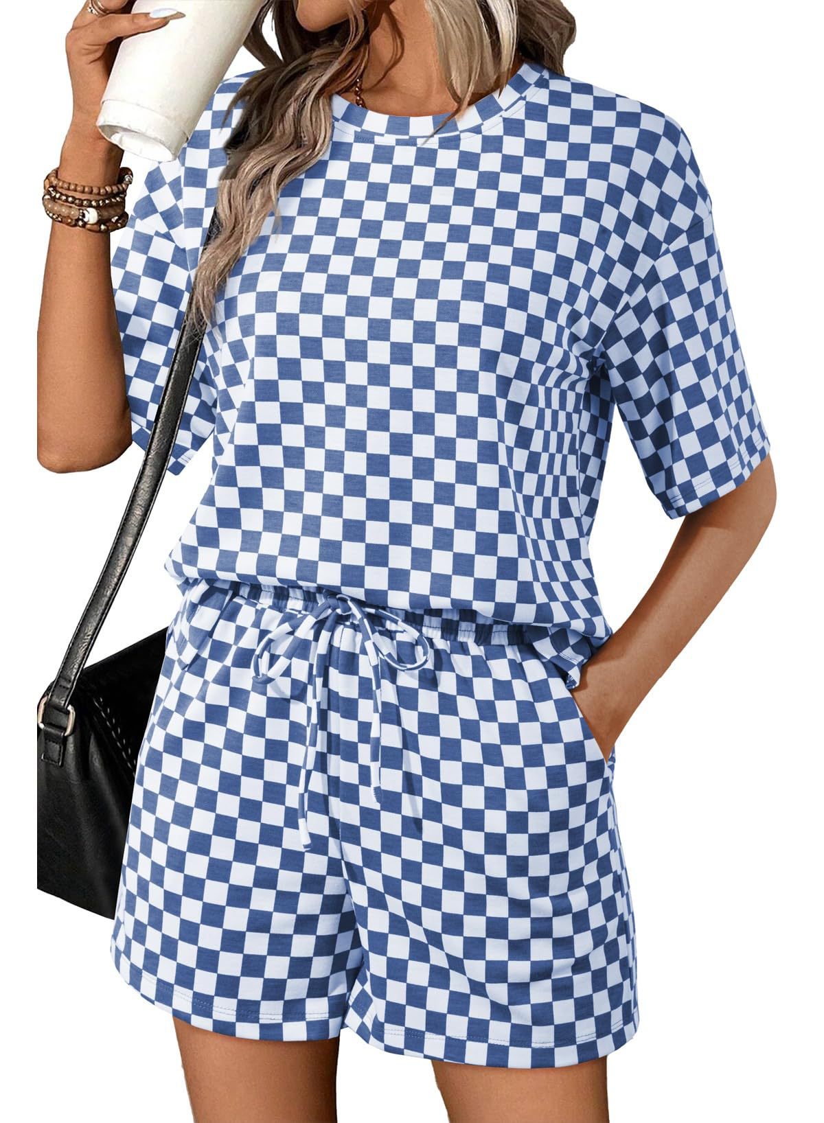 Women's Checkerboard Lounge Set Drawstring Shorts Casual