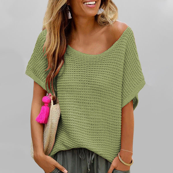 Summer Knit Top for Women Loose Casual Short Sleeve Tee