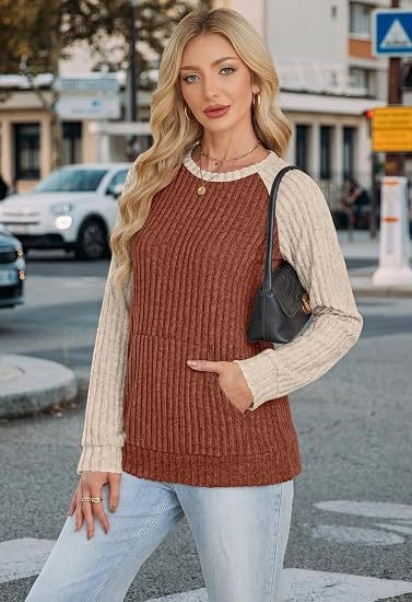 Ribbed Color Block Raglan Long Sleeve Pocket Tunic Top
