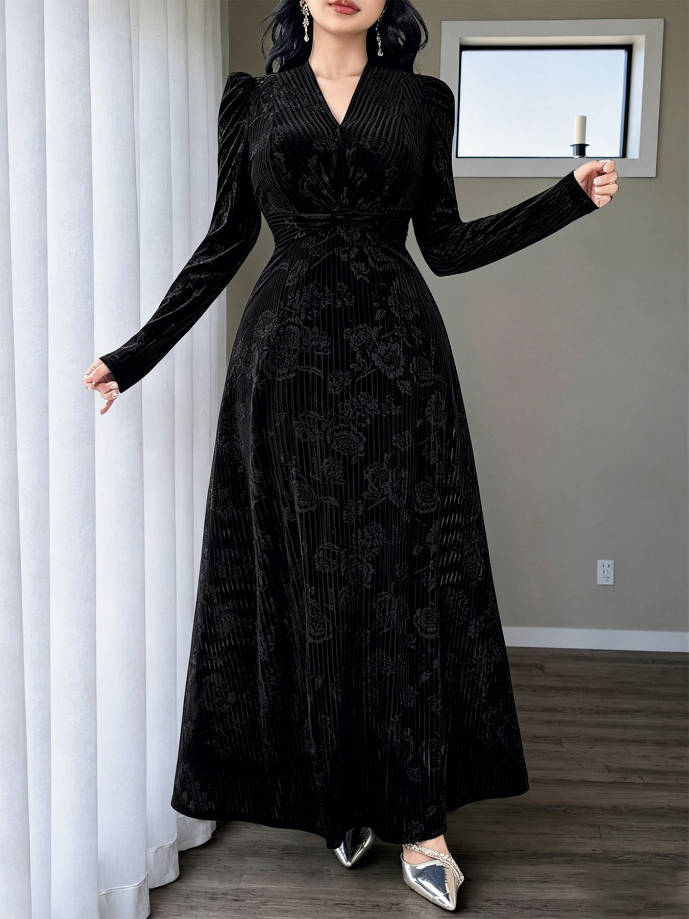 Plus Size Floral Velvet V Neck Maxi Dress