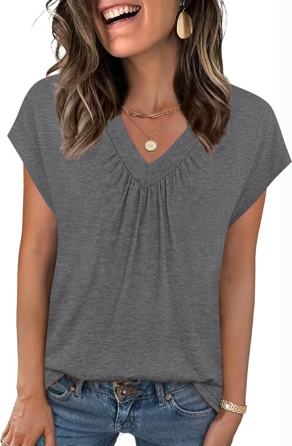 Heather Knit Tunic Top Casual V Neck Tee