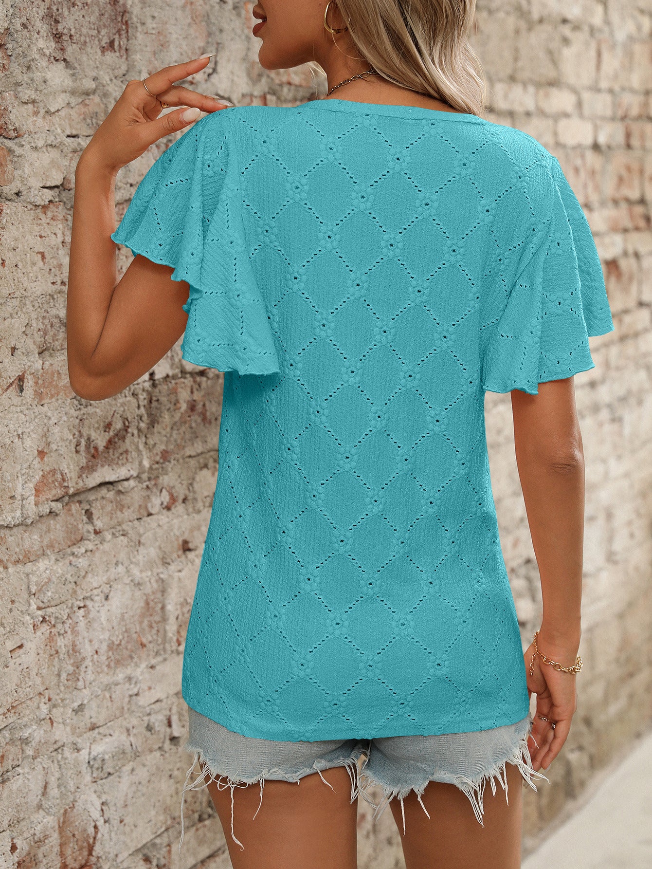 Eyelet Ruffle Sleeve Floral Knit Casual Summer T Shirt