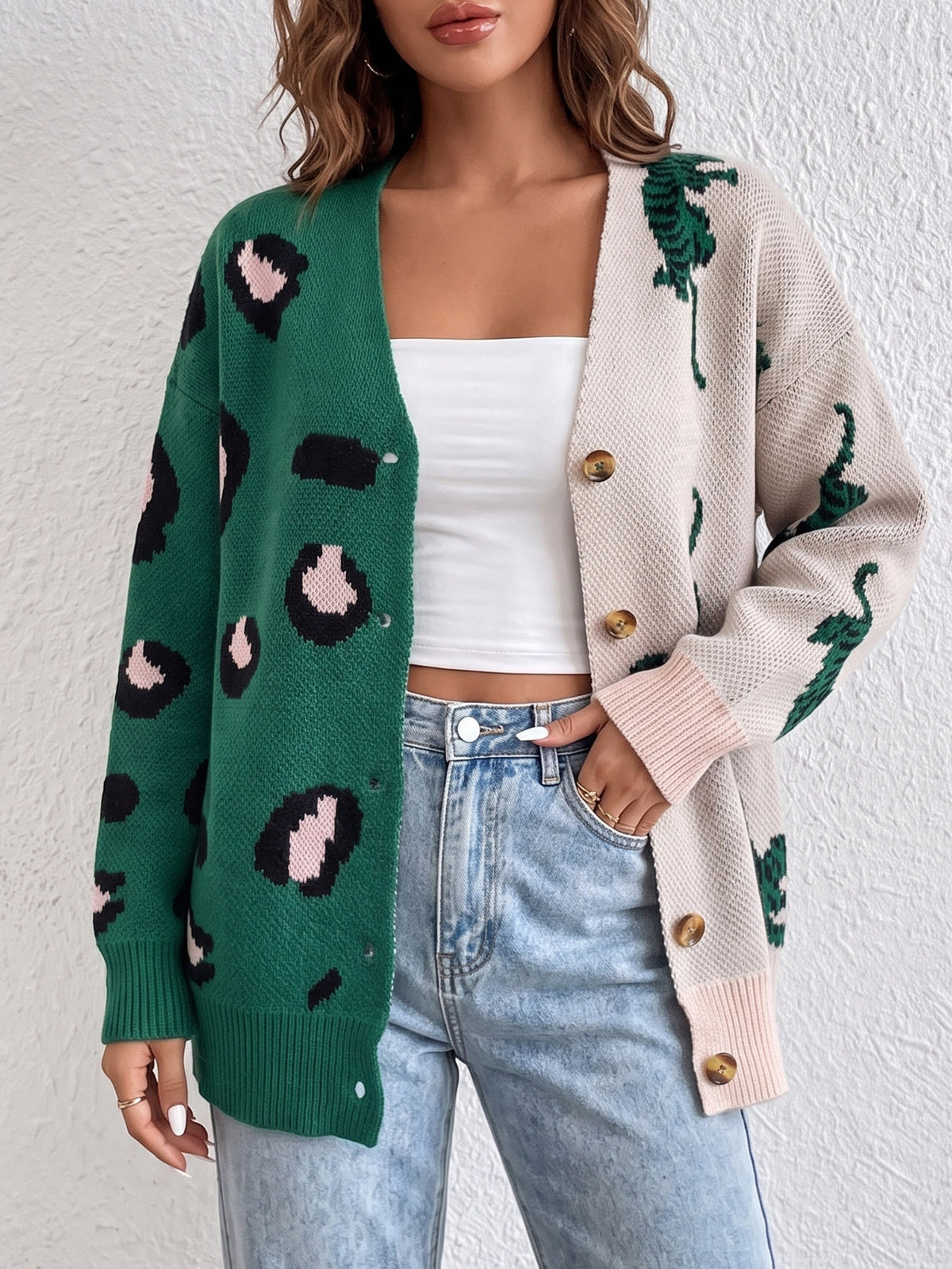 Color Block Leopard Print V-Neck Button Cardigan Sweater