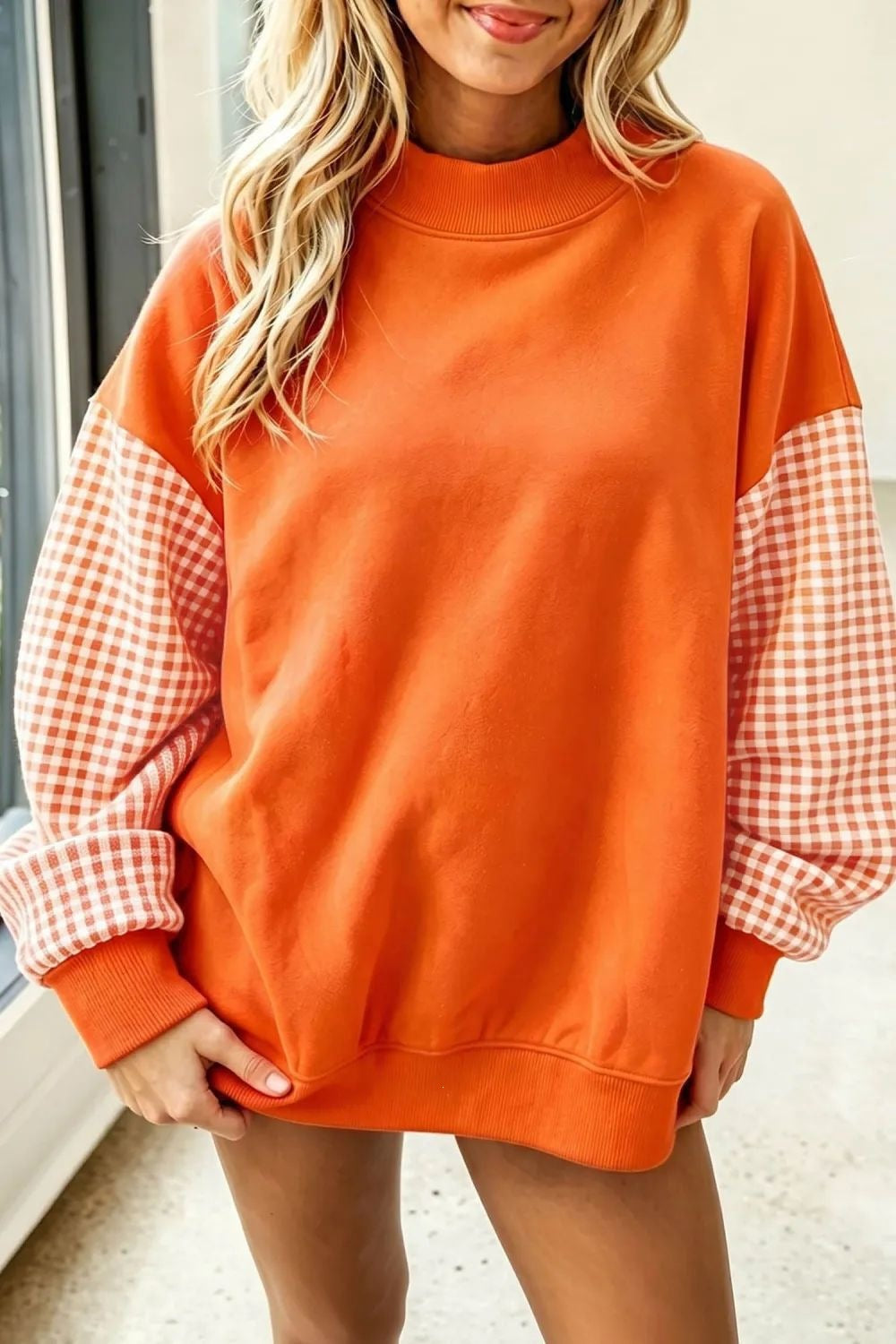 Oversized Mock Neck Plaid Sleeve Fleece Sweatshirt