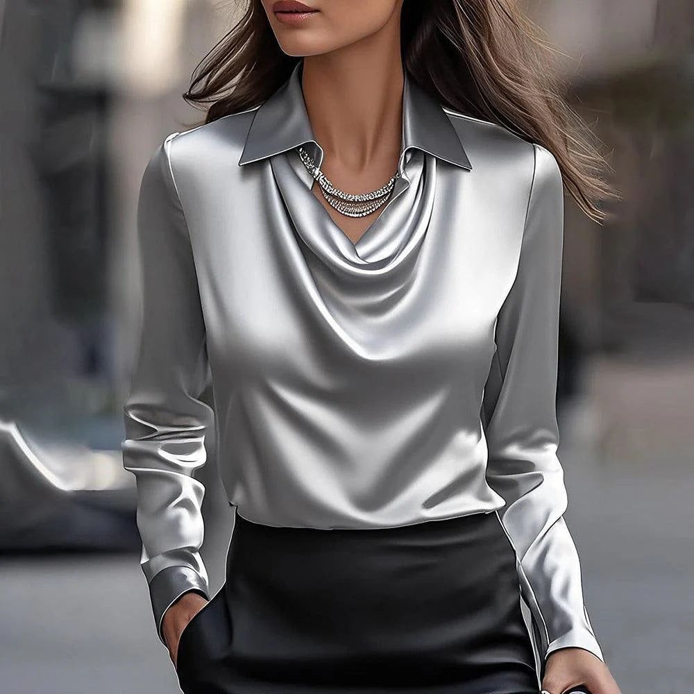 Satin Blouse for Women Cowl Neck Collared Long Sleeve Top