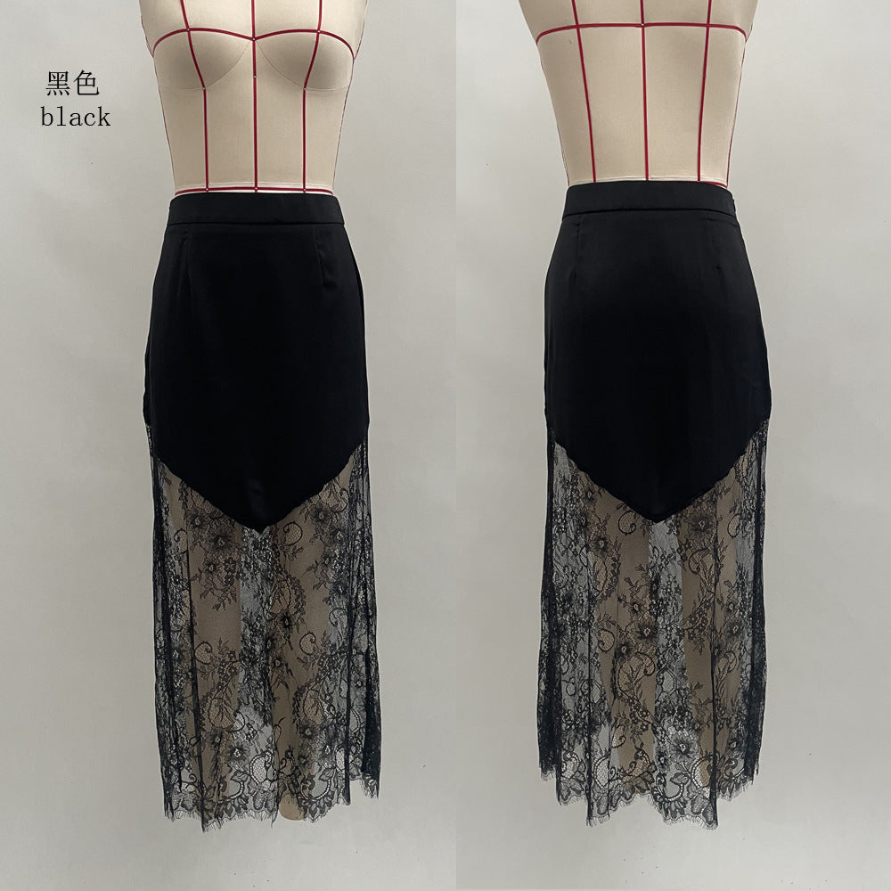 Lace Trim Midi Skirt High Waist Bodycon Elegant Skirt